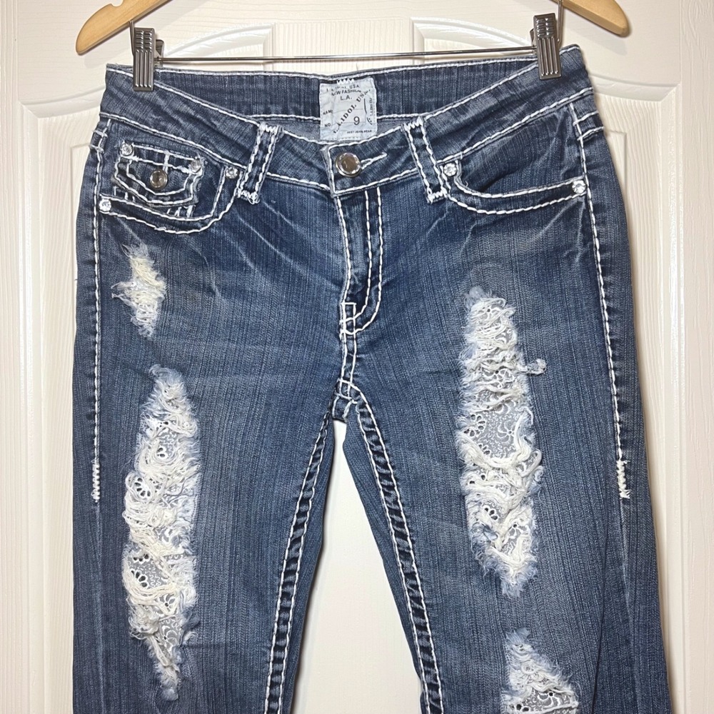 LA Idol USA Low Rise Bootcut 2000s Lace Inset Jeans Y2K Size 9/30"